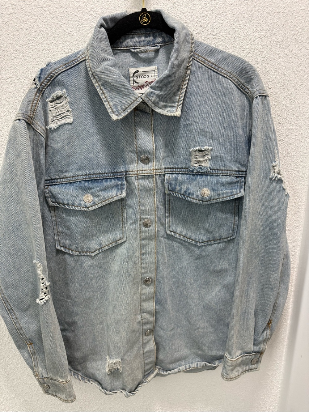 VTG Stoosh Blue Denim Distressed Jean Shirt Jacket Sz(M) - Picture 1 of 6